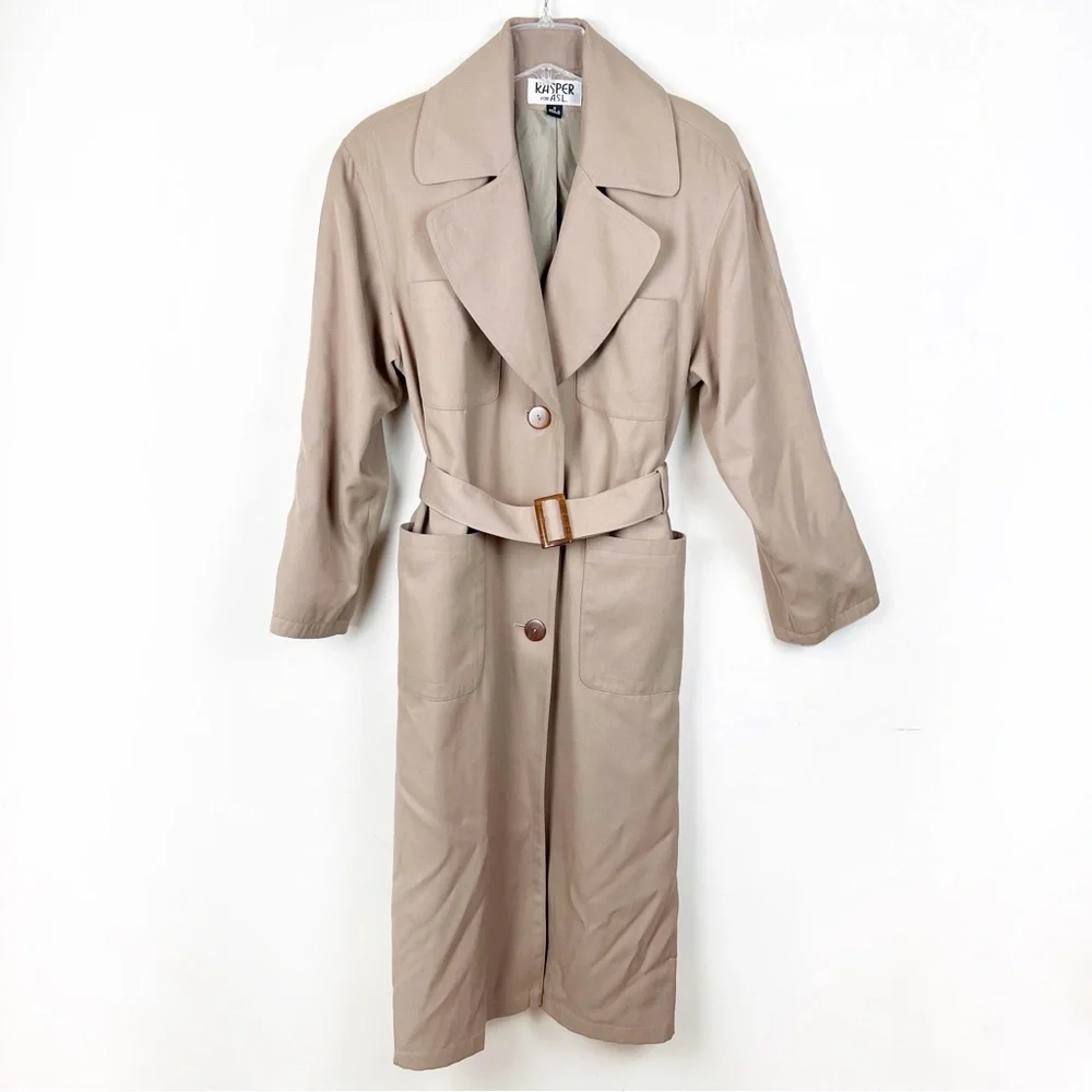 Vintage Khaki Trench Coat 4 Oversized Long Belted Pocket Preppy Old Money Career - Picture 1 of 11